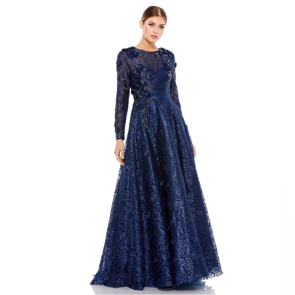 MAC DUGGAL EMBELLISHED ILLUSION LONG SLEEVE A LINE GOWN SIZE 12